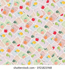 Seamless pattern of stamps with fruit images.