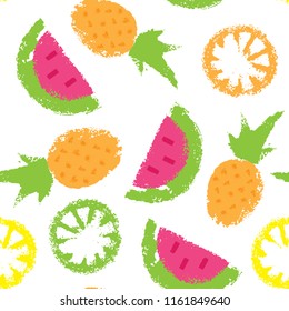 Seamless pattern with stamps tropical fruit. Vector illustration. On white background.