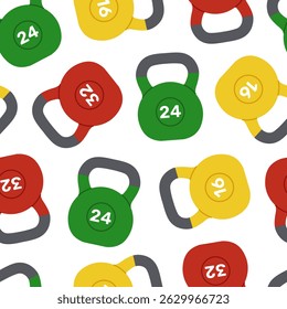 Padrão sem emenda com kettlebells padrão pesando 16, 24 e 32 quilogramas sobre fundo branco. Pesos amarelos, verdes e vermelhos para o esporte de levantamento de kettlebell. Equipamento de fitness. Ilustração em plano vetorial