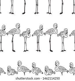 Seamless pattern of standing cartoon flamingos