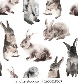 Seamless pattern with standing and sitting rabbits in polka dots style. Elements for a happy Easter and farms design. Cute bunny. Spring set. Vector