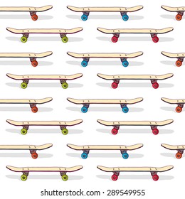 Seamless pattern of standing skateboards. The horizontal direction. Vector. Cartoon style.