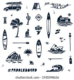 Seamless pattern with Stand-Up Paddle elements. Hand drawn flat vector illustration. Can be used for stickers, backgrounds, and surface design. 