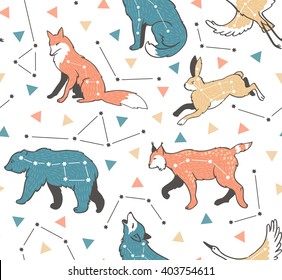 Seamless pattern with star animals. Vector hipster background with star sky. Fashion design for fabric, wallpaper or gift wrap.