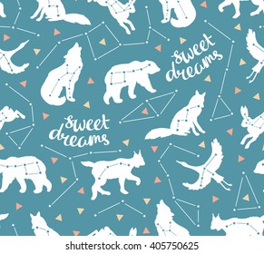 Seamless pattern with star animals. Vector hipster background with star sky. Fashion design for fabric, wallpaper or gift wrap.