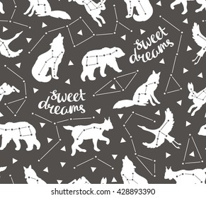 Seamless pattern with star animals. Vector hipster background with star sky. Fashion design for fabric, wallpaper or gift wrap.