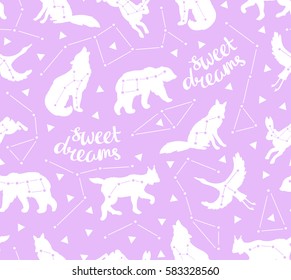 Seamless pattern with star animals. Vector hipster background with star sky. Fashion design for fabric, wallpaper or gift wrap.