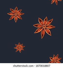 Seamless pattern with star anise, or badian (Illicium verum) dried seeds as a spicy ingredient in mulled wine and bakery. Anise star on blue background for winter and christmas artworks, textile.