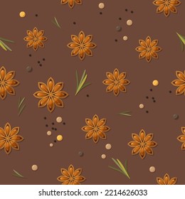 Seamless pattern with star anise, black peppercorns, white peppercorns, rosemary. Seamless background template for menus, web pages, cards, covers, wrapping paper. Stock vector illustration.