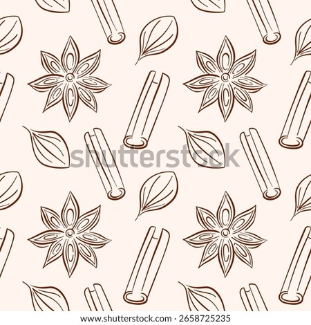 Seamless pattern of star anise with cinnamon stick and leaf in line art style on beige background. Perfect for spice shop package, culinary recipe book or natural food theme design.