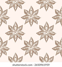 Seamless pattern of star anise in line art style on beige background. Perfect for spice packaging, culinary decor or natural food theme design.