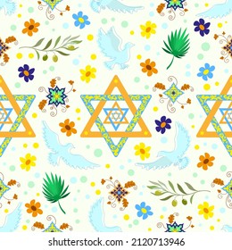 Seamless pattern with the Star of David, doves and decorative elements on a light background