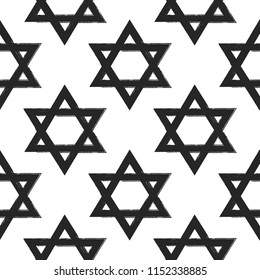 Seamless pattern with Star of David painted with rough brush. Grunge, watercolor, sketch. Vector illustration.