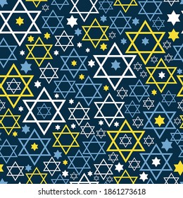 Seamless pattern. Star of David. Vector thematic texture on blue. Hanukkah surface design.