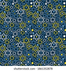 Seamless pattern. Star of David. Vector thematic texture on blue. Hanukkah surface design.