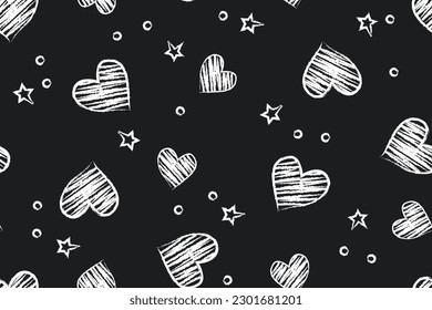 Seamless pattern of star doodles with white chalk on a black school board. Monochrome sketch concept for Valentine's Day