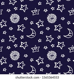 Seamless pattern with star drawings. Doodle sketch. Black outlines on white background. Trendy texture for digital paper, fabric, decorative backdrops, wrapping. Vector illustration. EPS10