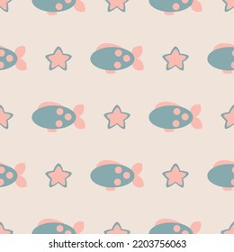 nahtloser Musterstar und Fisch. Baby Print. Flacher Kinderhintergrund. Vektorgrafik für Baby- und Kinderdesign, T-Shirt-Druck, Kindergartendekoration, Post