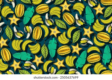 seamless pattern star fruit and banana vector drawing