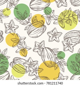 Seamless pattern with star fruit: carambola fruit, leaves and slice of carambola. Vector hand drawn illustration.
