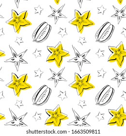 Seamless pattern with star fruit in sketchy style/ Colorful background with tropical fruits/ Doodle hand drawn vector design