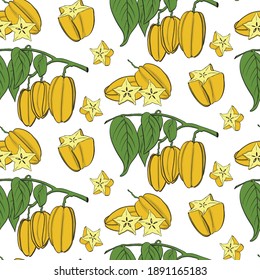 Nahtlose Muster mit exotischen tropischen Carambola-Früchten. Handgezeichnete, frische tropische Pflanzengrafik. Carambola-Muster im Skizzenstil nahtlos. Organische frische Früchte, Vektorgrafik