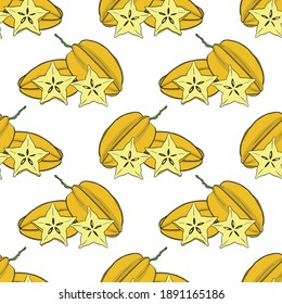 Seamless pattern with star fruits. Colored fresh tropical plant background. Carambola pattern. Organic fresh fruit vector