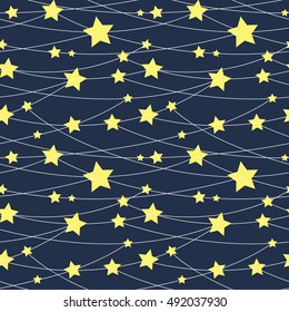 Seamless pattern with star garland. Beautiful fantasy dark blue background with yellow stars hanging on horizontal threads.