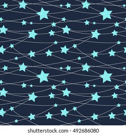 Seamless pattern with star garland. Beautiful fantasy dark blue background with blue stars hanging on horizontal threads.