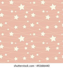 Seamless pattern with star garland. Beautiful fantasy pink background with cream stars hanging on horizontal threads.
