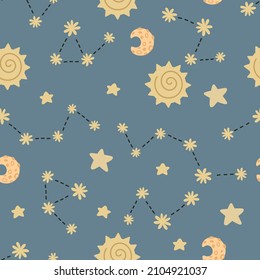 seamless pattern with star map, sun. colorful vector for kids. hand drawing, flat style. design for fabric, print, textile, wrapper