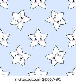 Seamless pattern with star on light blue background. Cute kawaii star character. Design for children