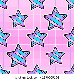 Seamless pattern with star patches. Pink grid background. Kawaii gradient wallpaper.