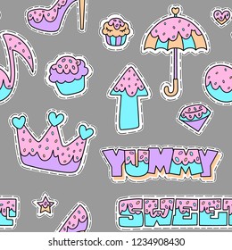 Seamless pattern of star, shoe, cupcake, umbrella, crown and other.  