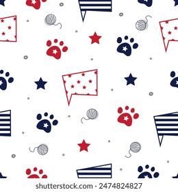Seamless pattern with star and stripe. Cat footprint element. Independence day 4th of july. For textile, fabric, wallpaper, wrapping
