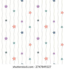 Seamless Pattern with Star and Wavy Line Design on White Background. Hand Drawn Vector Illustration. Not AI Generated.