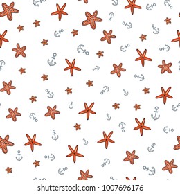 Seamless pattern starfish and anchor and blue sea. animals, nature, wildlife. engraved hand drawn. marine or ocean fishes.
