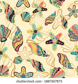 Seamless pattern with starfish, clams, oysters and shells. Repetitive background with sea creatures and ocean life. Invertebrate and reef undersea.