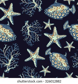 Seamless pattern with starfish, coral, fish. Hand drawn vintage retro stylish illustration.