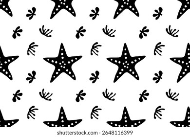 Seamless pattern of starfish and coral. Sea background. Black and white vector illustration