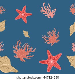 seamless pattern with starfish, corals and sea shells