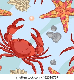 Seamless pattern with starfish and crab