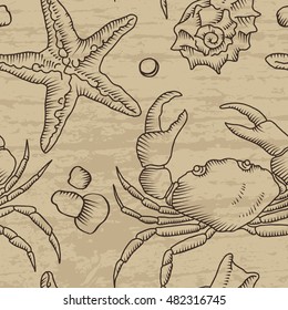 Seamless pattern with starfish and crab