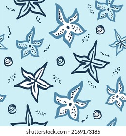 Seamless pattern with starfish. Cute starfish in doodle style. Vector illustration