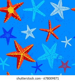 Seamless pattern starfish different color under water blue background hand draw
