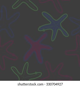 Seamless pattern of starfish, doodles, spots. Hand drawn.
