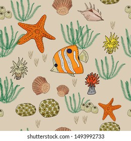 Seamless Pattern Of Starfish, Fish, Shells, Algae On A Light Yellow Background. Feature Article. Freehand Drawing