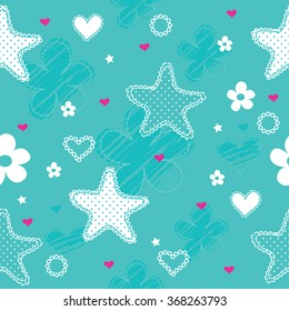 seamless pattern with starfish, flower and heart, animal of ocean vector illustration