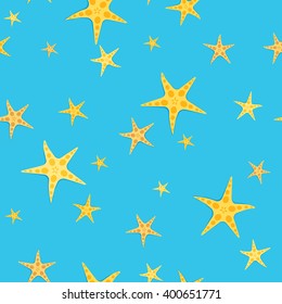 Seamless pattern of starfish on blue background.