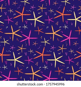 Seamless pattern with starfish on dark sea sand. starfish floating in the ocean, textile print for summer, interior sea wallpaper 2020